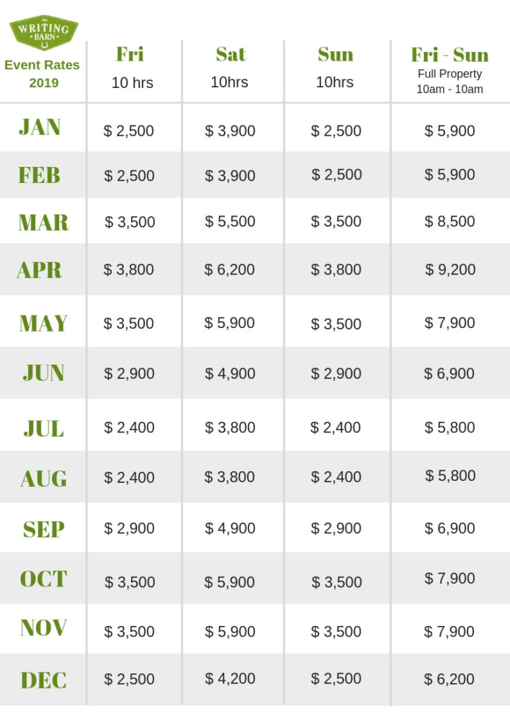 Rental Price Sheet - Writing Barn